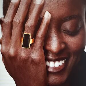 New Stainless Steel Gold Plated Rectangular Black Glass Crystal Ring For Women